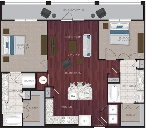 Floor plan for 2 beds, 2 baths, 1131 sqft